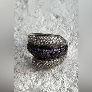 Sterling Silver Pavé Triple-Row Ring with Purple and Clear Cubic Zirconias